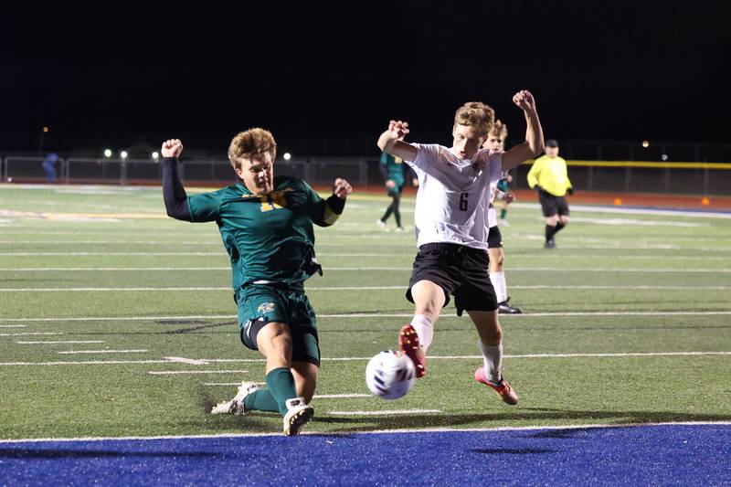 Coal City’s Julian Micetich, left, attempts a shot on goal under pressure from Williamsville's Aiden Morgan during the Coalers' 1-0 victory over Williamsville in the IHSA Class 1A Maroa-Forsyth Super-Sectional on Monday, Nov. 3, 2025.