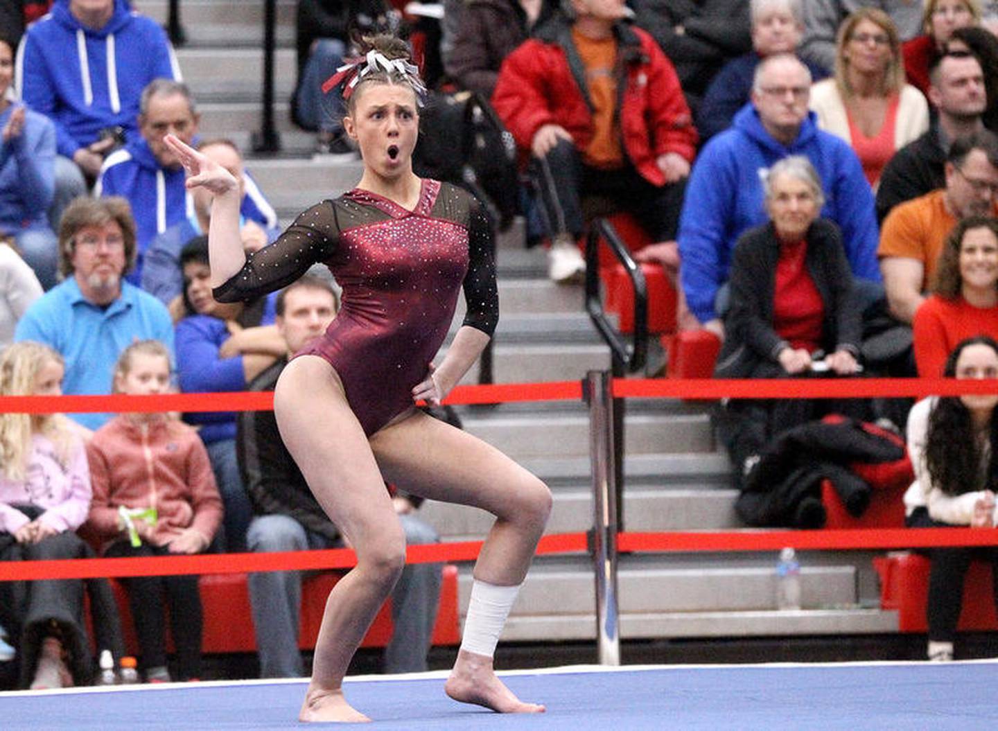 Prairie Ridge co-op's Gabby Riley competes on the floor exercise during the 2020 IHSA State Gymnastics Individual Finals at Palatine High School on Feb. 22.