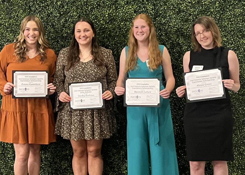 Shelby Einhaus (second from left) was named the 2024 Illinois Valley Community College Foundation 21st Century Scholar. She is pictured with finalists (from left) Emma Garretson, Hannah Larsen and Alexia Gross. A dozen students were recognized with scholarships ranging from $1,000 to $4,500.