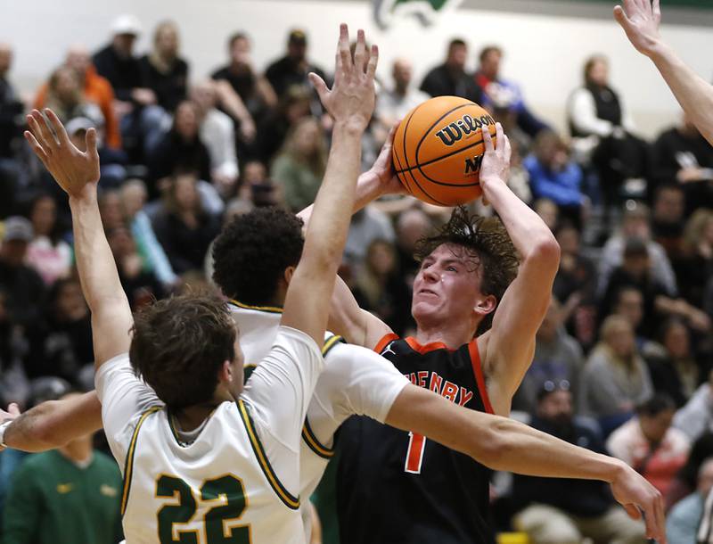 McHenry's Dylan Hurckes shoots the ball over the Crystal Lake South defense during a Fox Valley Conference basketball game on Friday, Jan. 31, 2025, at Crystal Lake South High School.