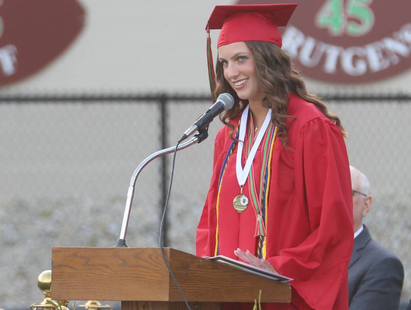 La Salle-Peru Township High School Student Council President Madeline Johns smiles while giving a speech during the L-P Class of 2026 commencement ceremony on Thursday, May 14, 2026 at Howard Fellows Stadium.