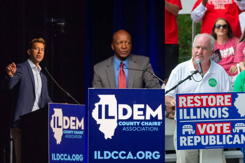 Secretary of State Jesse White (middle) is pictured with the two men seeking to replace him after more than two decades in office. At left is Democrat Alexi Giannoulias, who has received White's endorsement, and at right is state Rep. Dan Brady, the Republican candidate. (Capitol News Illinois file photos)
