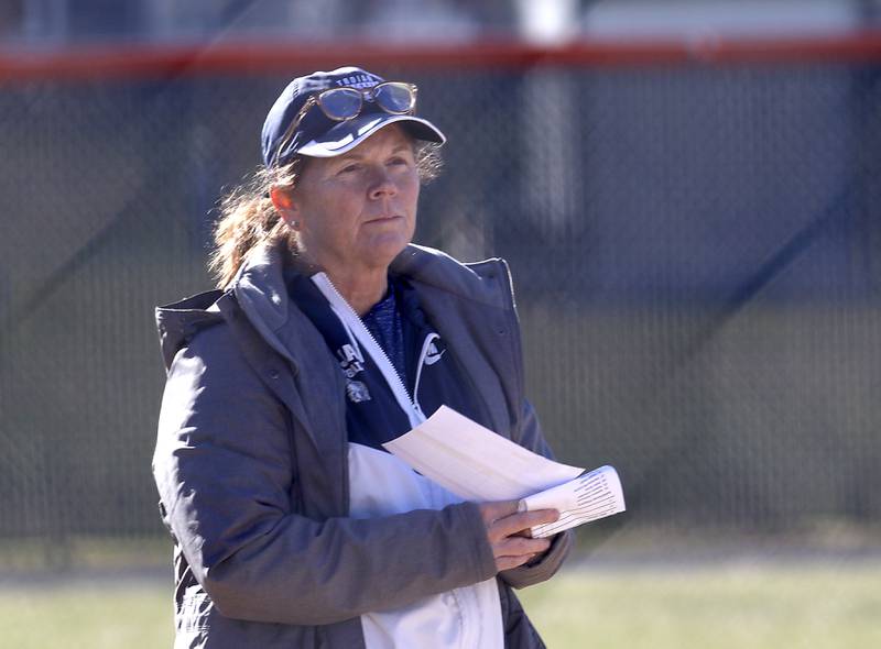 Cay-Grove coach Tammy Olson watches her team play Crystal Lake Central during a Fox Valley Conference softball game Thursday, April 6, 2023, at Crystal Lake Central High School.