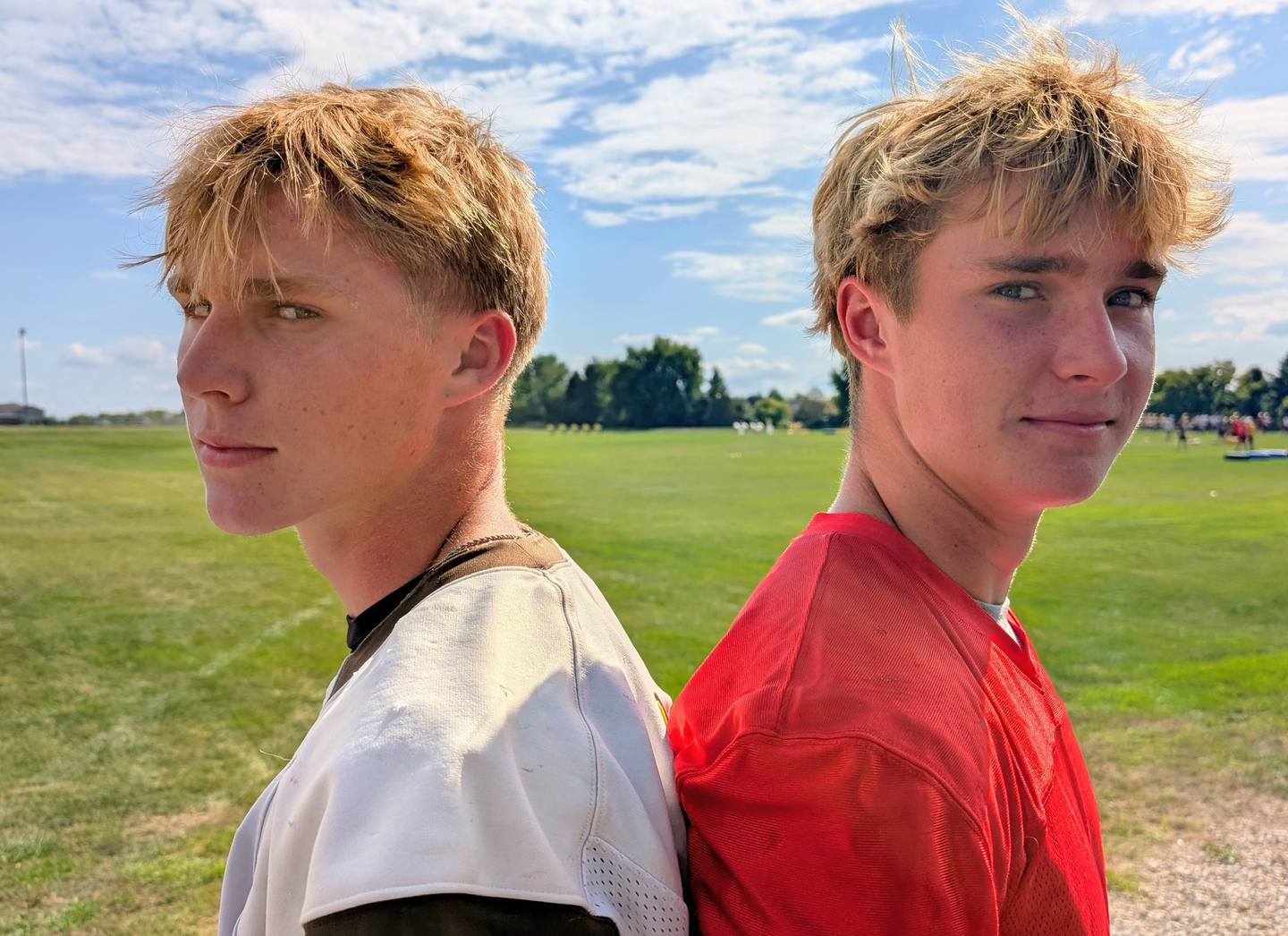 Jacobs senior twins Carson (left) and Connor Goehring pose for a picture on the first official day of practice Monday, Aug. 11, 2025, at Jacobs. Carson and Connor return at tight end and quarterback, respectively, for the Golden Eagles, who won seven games last season.