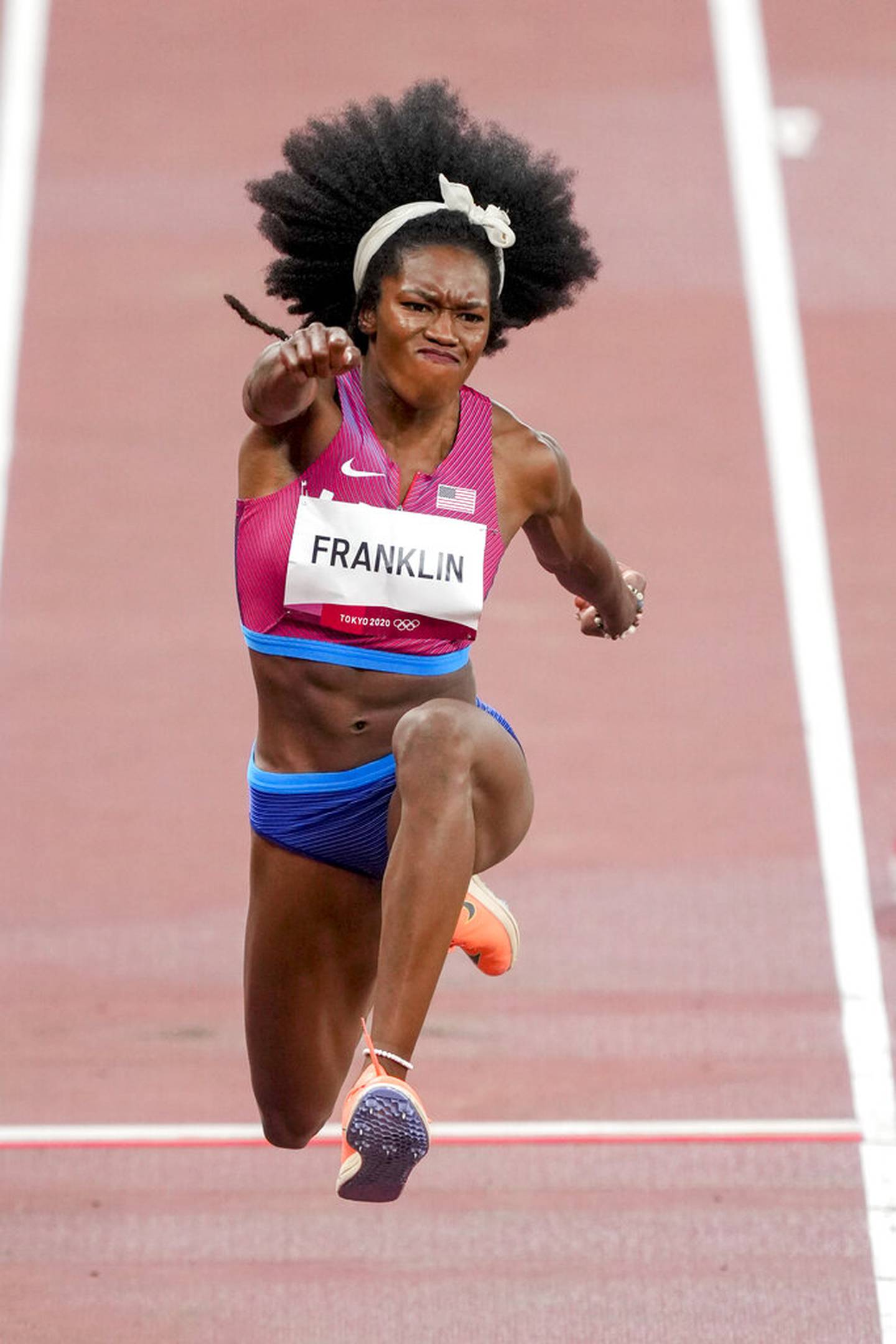 Tori Franklin, of the United States, competes in the women's triple jump at the 2020 Summer Olympics, Friday, July 30, 2021, in Tokyo.