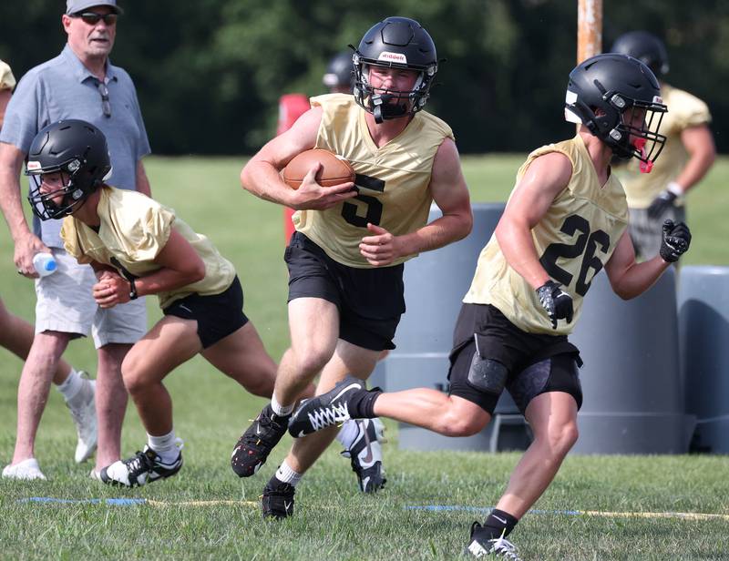 Sycamore’s Kevin Lee carries the ball Monday, Aug. 11, 2025, during their first fall practice at the school.