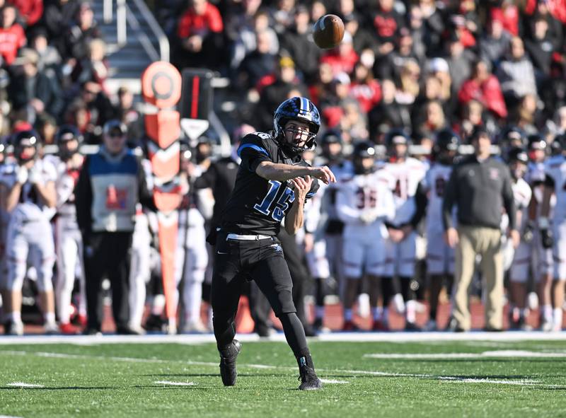 Lincoln-Way East's Braden Tischer throws a pass during the IHSA class 8A semifinals playoff game against Barrington on Saturday, Nov. 18, 2023, at Frankfort. (Dean Reid for Shaw Local News Network)