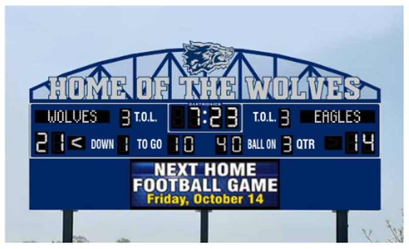 This is the proposed design for a new football stadium scoreboard at Oswego East High School. The blank spaces at the lower left and right corners of the display would be used for advertising. (Image provided by SD308)