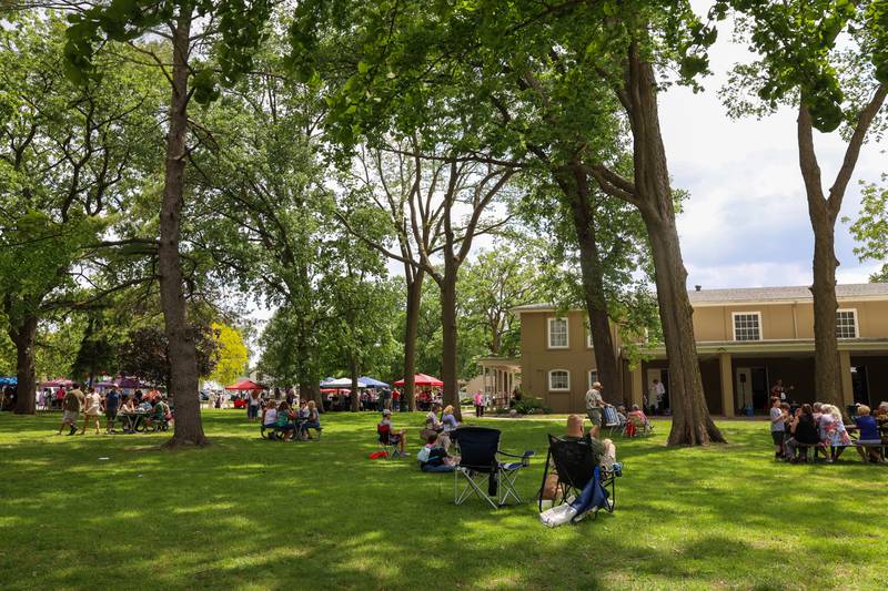 Attendees eat food and listen to live music on the lawn during the 36th annual Rhubarb Festival at the Kankakee County Museum on Sunday, May 17, 2026.