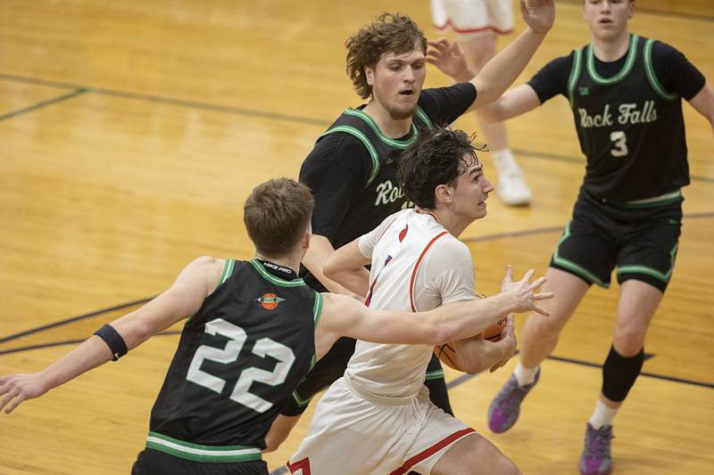 Oregon’s Benny Olalde drives to the hoop against Rock Falls Wednesday, Feb. 25, 2026, in the Class 2A regional semifinal at Rock Falls High School.
