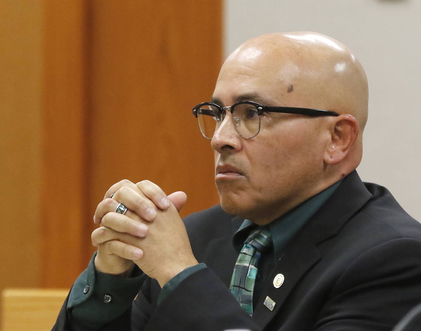 Carlos Acosta listens as Lake County Judge George Strickland finds him guilty on Friday, Oct. 13, 2023, at the McHenry County Courthouse.