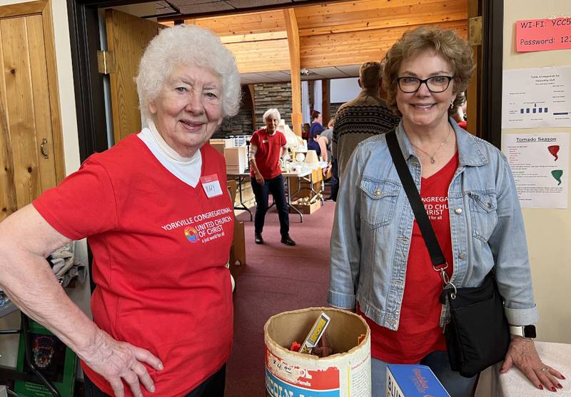 Mary McCracken, left, Nancy Kolowski, background, and Regina Moe are helping organize the fall rummage and bake sale scheduled for Oct. 20 and 21 at the Yorkville Congregational United Church of Christ.