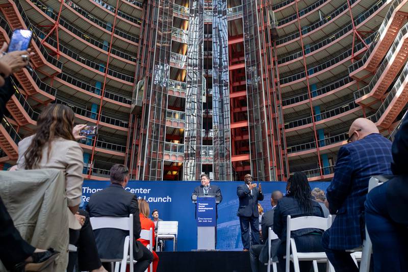 Gov. JB Pritzker speaks at the kickoff of the renovation of the James R. Thompson Center.