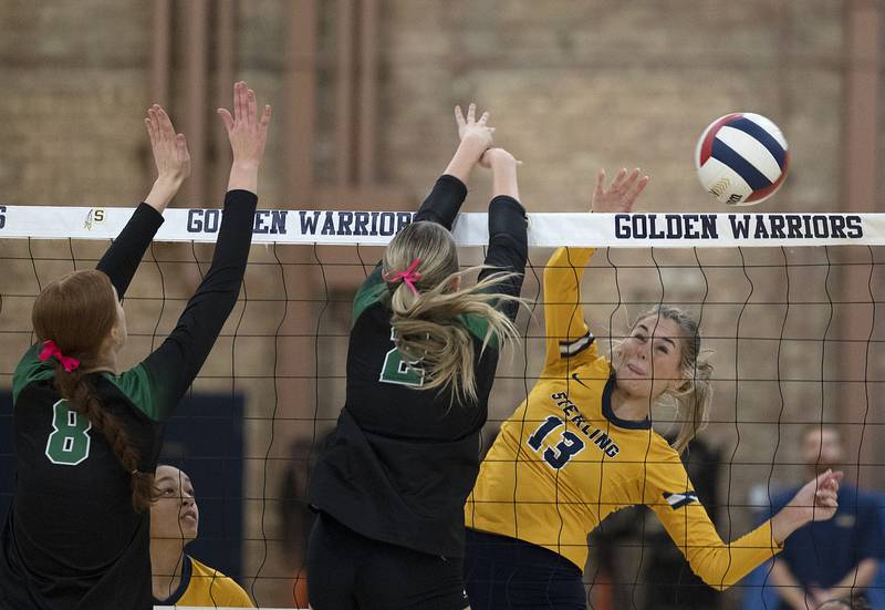 Sterling’s Marley Sechrest plays the ball against Alleman Tuesday, Oct. 22, 2024, in Sterling.