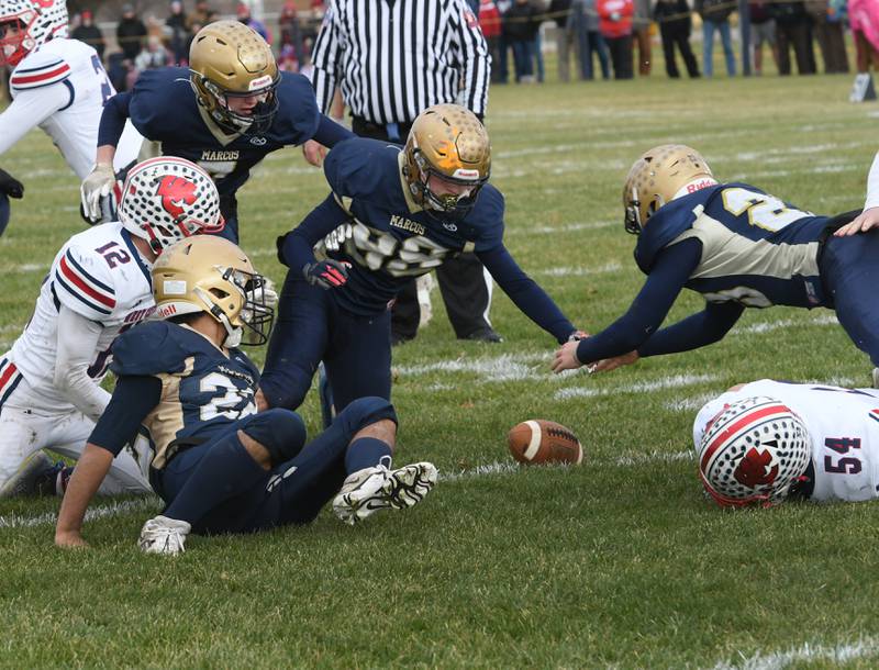 Polo's Kasen Allen (88) and react to a fumble during first half 8-man playoff action against West Central on Saturday, Nov. 12 in Polo.