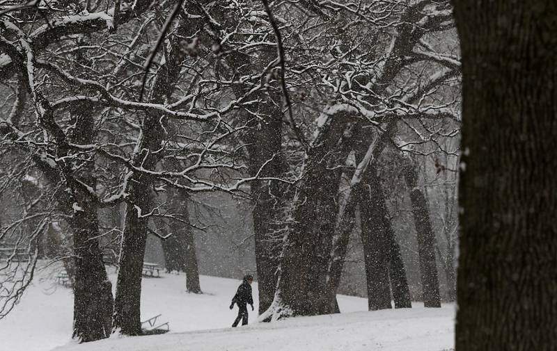 Brittany Montoya, of Woodstock, walks in Veteran Acres Park before work on Tuesday, Nov. 15, 2022. The McHenry County area received its first measurable snowfall of the season on Tuesday.