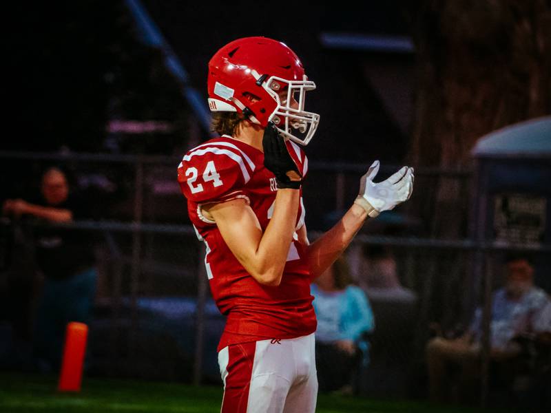 Alek Koch of Hall celebrates touchdown on Friday, August 30, 2024 at Richard Nesti Stadium in Spring Valley.