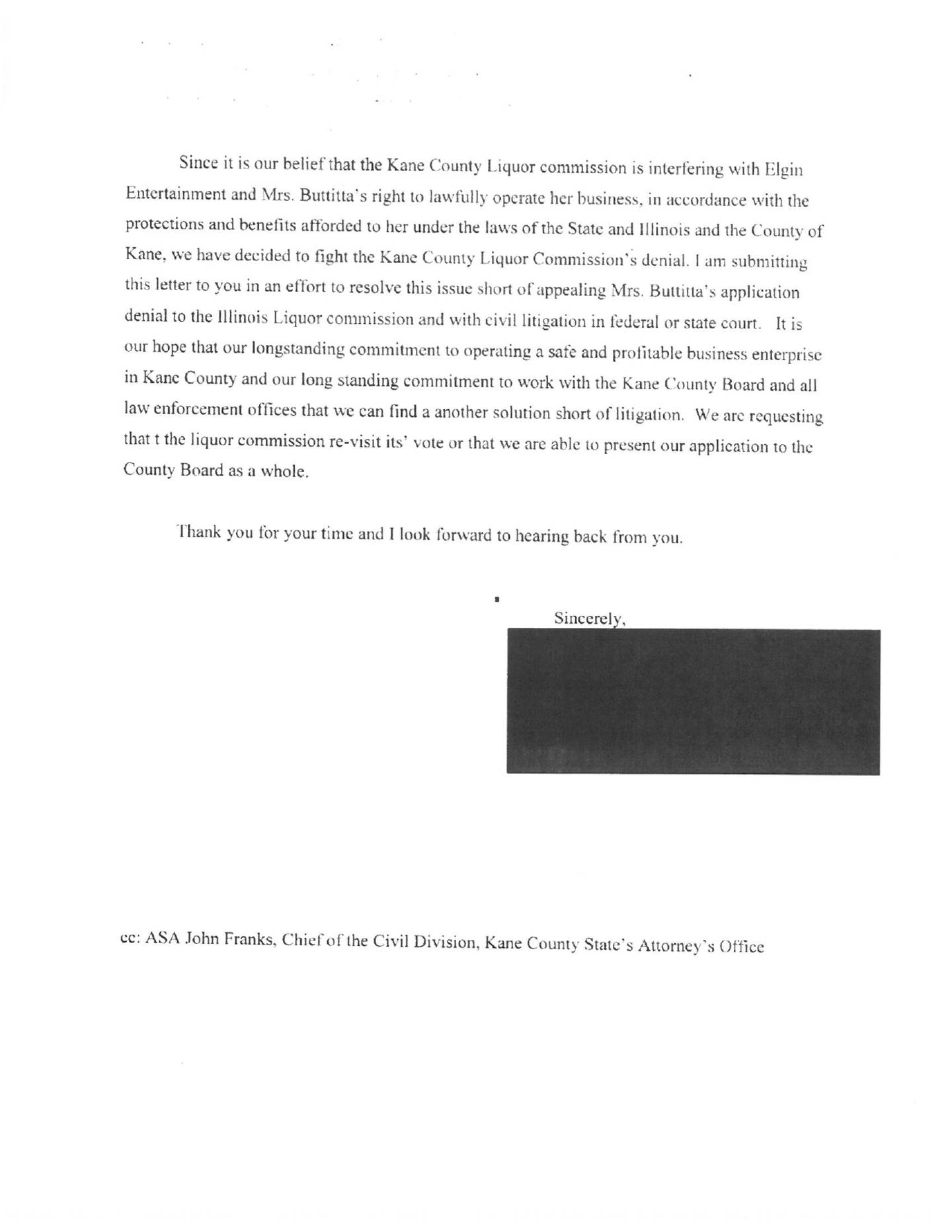 (Page 2 of 2) A July 24, 2025, letter from attorney Brittany Pedersen on behalf of St. Charles Township-based Blackjack’s Gentlemen's Club to the Kane County liquor commissioners, released to Shaw Local News Network through the Freedom of Information Act, alleges the commission violated Blackjack owner's constitutional rights. The matter is set before the commission in a special meeting planned for Thursday, Aug. 14, 2025.