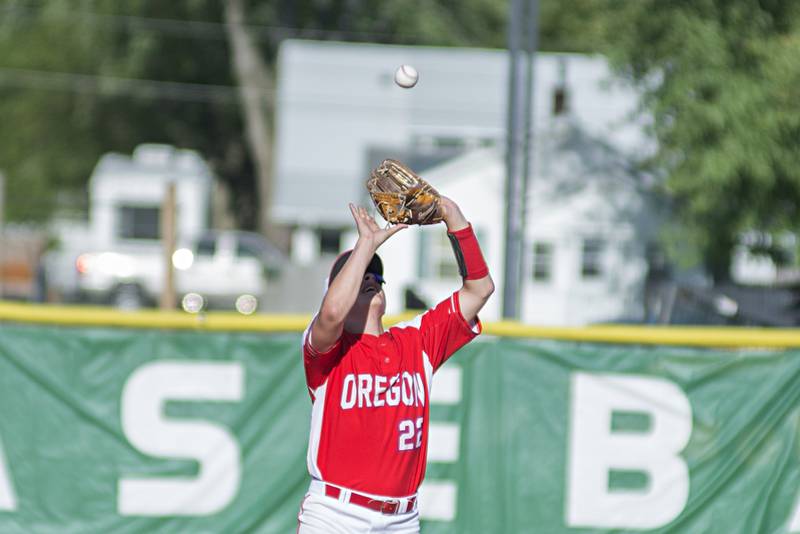 Oregon’s Kade Girton camps under a pop-up Monday, May 16, 2022 against Rock Falls in the IHSA baseball quarterfinals.