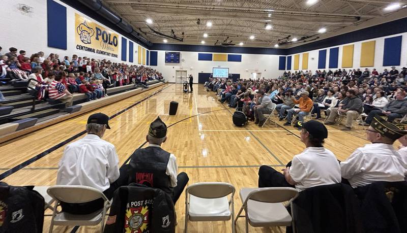 Centennial Grade School students sing a patriotic song at the Veterans Day ceremony in Polo on Monday, Nov. 11, 2024.