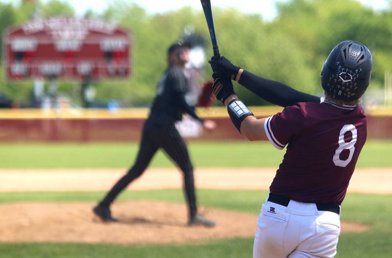 Marengo’s Quinn Lechner makes contact against Rockford Christian in IHSA Class 2A Regional Title Game action baseball at Richmond-Burton High School in Richmond  on Saturday, May 24, 2025.