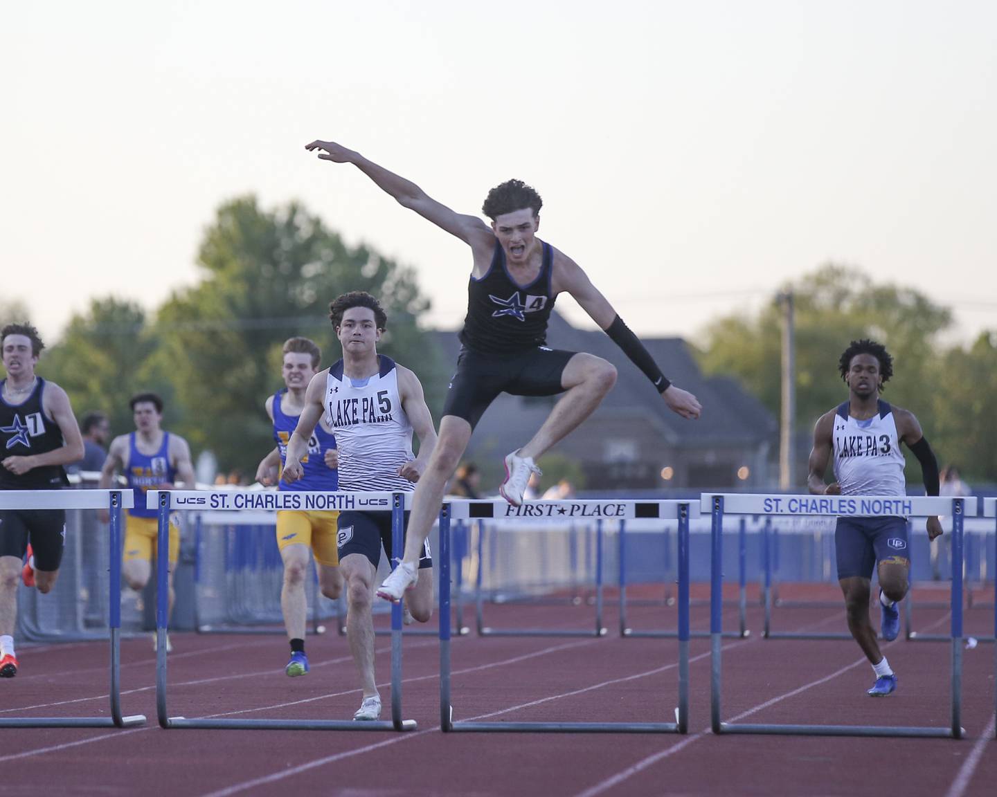 St. Charles North's Brendan Byrne wins the 300m hurdles at the DuKane Conference Boys Track and Field meet.  May 15, 2026 in St Charles.