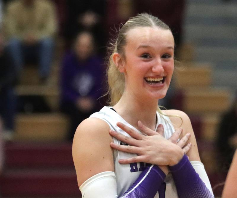 Hampshire’s Elizabeth King reacts as the Whip-Purs pull ahead late in a three-set win in girls varsity volleyball at Huntley High School on Thursday, October 23, 2025.
