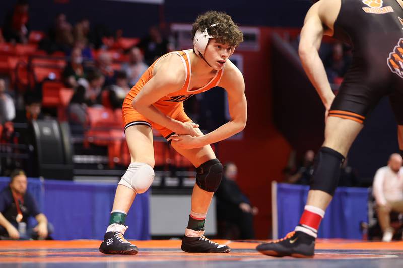 Dekalb’s Daniel Aranda faces off with Libertyville’s Caelan Riley in the Class 3A 120lb. 3rd place match at State Farm Center in Champaign. Saturday, Feb. 19, 2022, in Champaign.