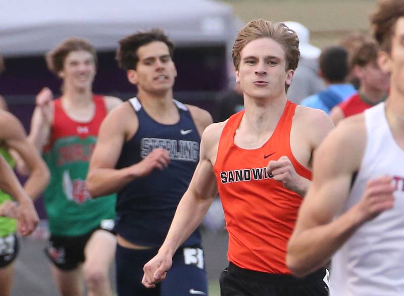 Sandwich's Wyatt Miller competes in the 800 meter run during the Class 2A track sectional meet on Wednesday, May 17, 2023 at Geneseo High School.