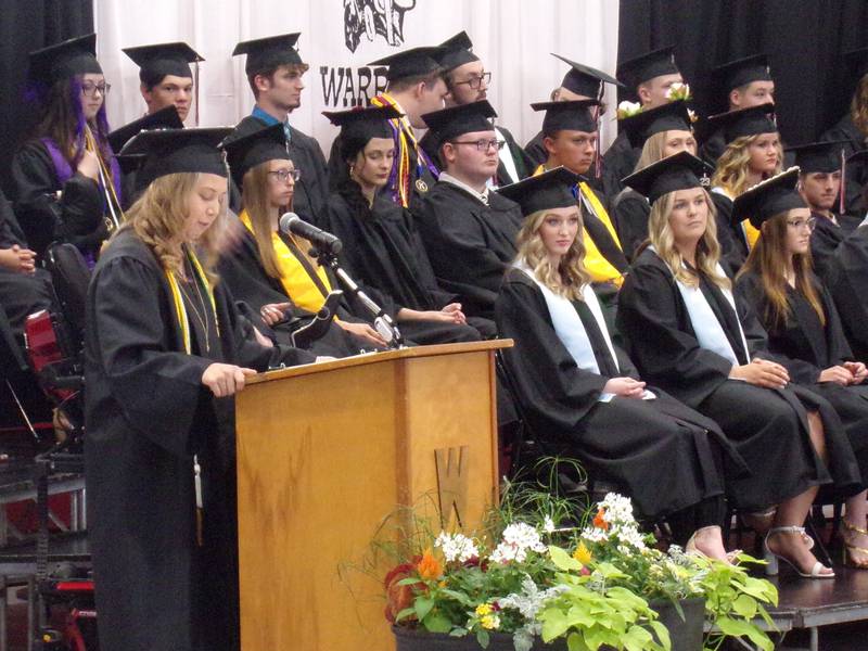 Woodland High School Class of 2023 graduates listen to Mya Wulzen speak during the graduation ceremony Sunday, May 21, 2023.