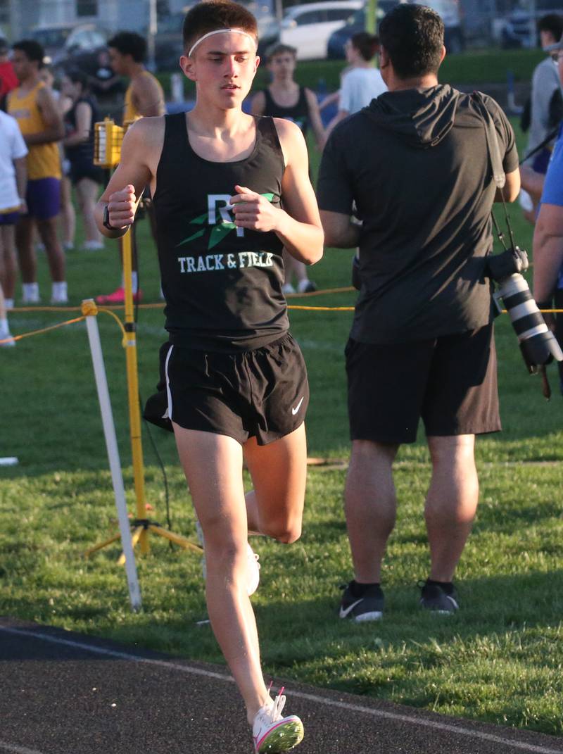 Rock Falls's Brady Root wins the boys 800 meter run during the Ferris Invitational on Monday, April 15, 2024 at Princeton High School.