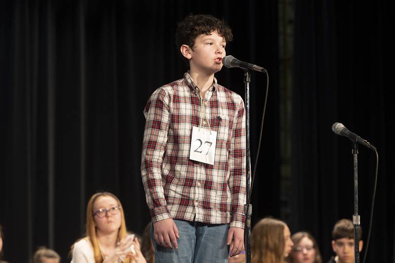 Amboy seventh-grader Parker Zimmerly competes Thursday, Feb. 22, 2024, at the Lee-Ogle-Whiteside regional spelling bee. Zimmerly missed on the word “affluent” in round six.