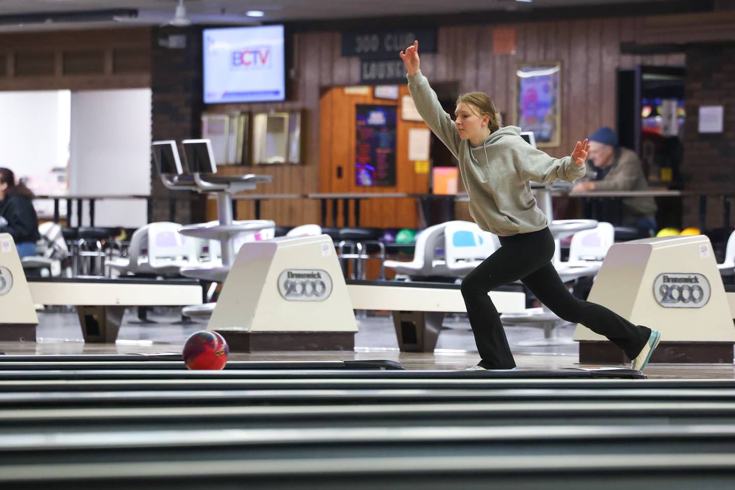 Peotone's Olivia Smaga sends her throw during the All-Area matchup against Bradley-Bourbonnais, Kankakee and Bishop McNamara on Wednesday, Feb. 4, 2026. Smaga took third individually with a 482 series to help the Blue Devils take third overall.