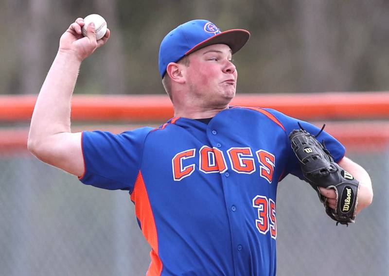 Genoa-Kingston's Evan Thompson delivers a pitch during their game against Rockford Lutheran Tuesday, May 2, 2023, at Genoa-Kingston High School.