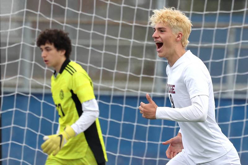 Prairie Ridge's Henry Knoll celebrates his goal against Lemont Saturday, Nov. 9, 2024, during their Class 2A state third place game at Hoffman Estates High School.