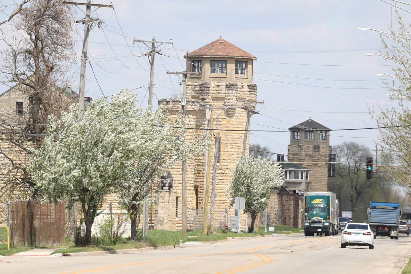 Traffic moves along Collins Street outside Old Joliet Prison on Monday, April 24, 2023 in Joliet.