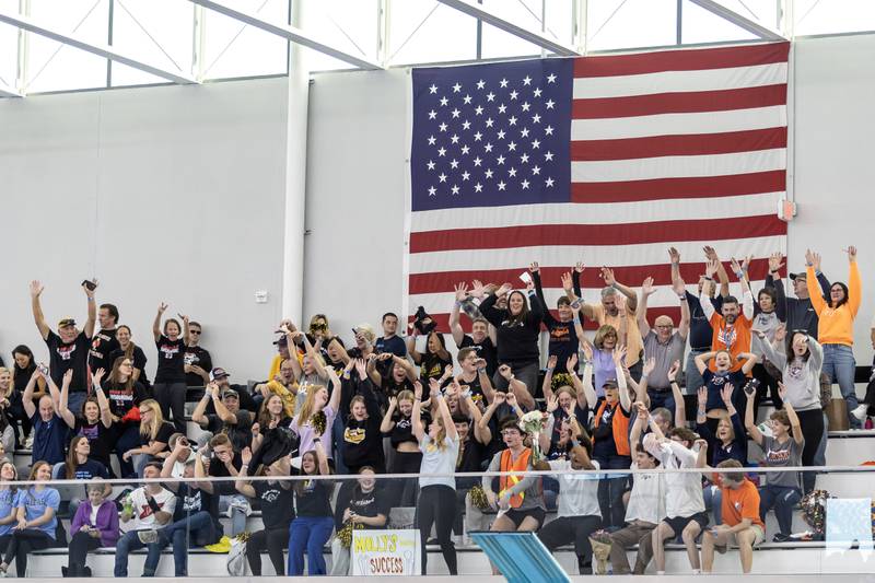 Fans do the wave during a delay caused by technical difficulties during the IHSA Girls State Swimming Preliminaries at FMC Natatorium in Westmont on Nov. 14, 2025.