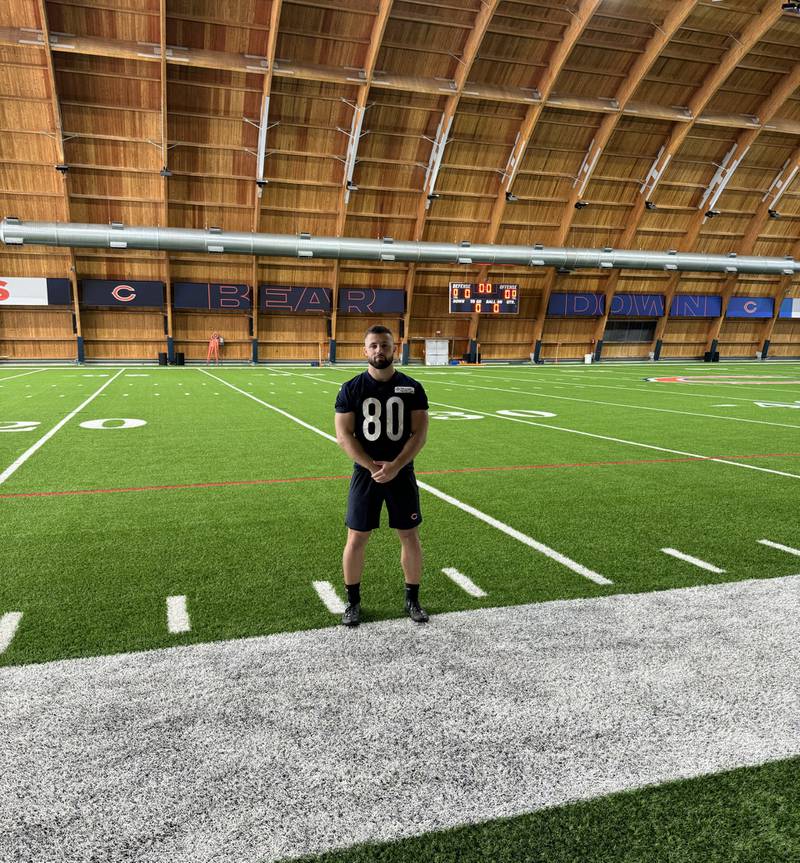 Spring Valley's James Mautino, a 2019 Hall High School grad, worked out in the indoor facility on Tuesday at Halas Hall in Lake Forest for the Chicago Bears' "Pro Day." He is hopeful to play professionally.