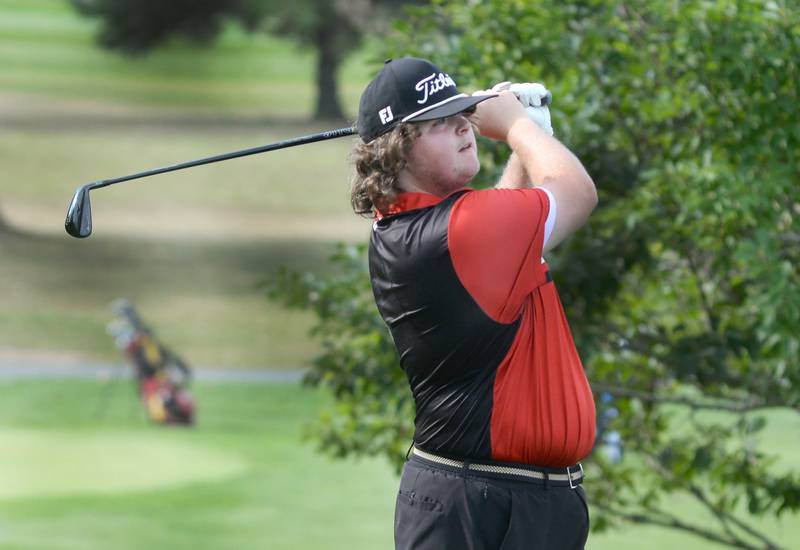 Forreston's Kaden Brown watches hhis drive on Hole #4 at the 1A Pearl City Regional at Wolf Hollow Golf Course in Lena on Wednesday, Oct. 1, 2025.