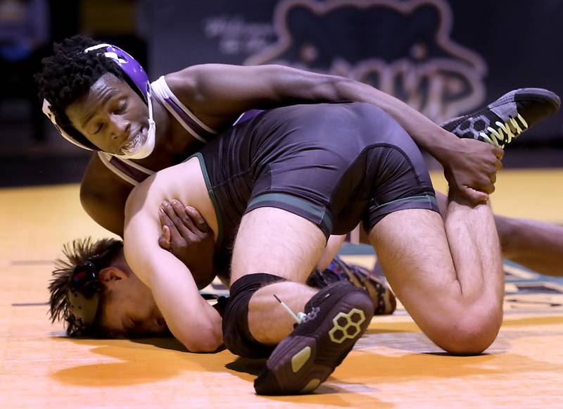 Hampshire’s Marquis Thousand controls Crystal Lake South’s Lennie Arroyo during the 132-pound match of a Fox Valley Conference wrestling meet on Thursday, Jan. 15, 2026, at Crystal Lake South High School.