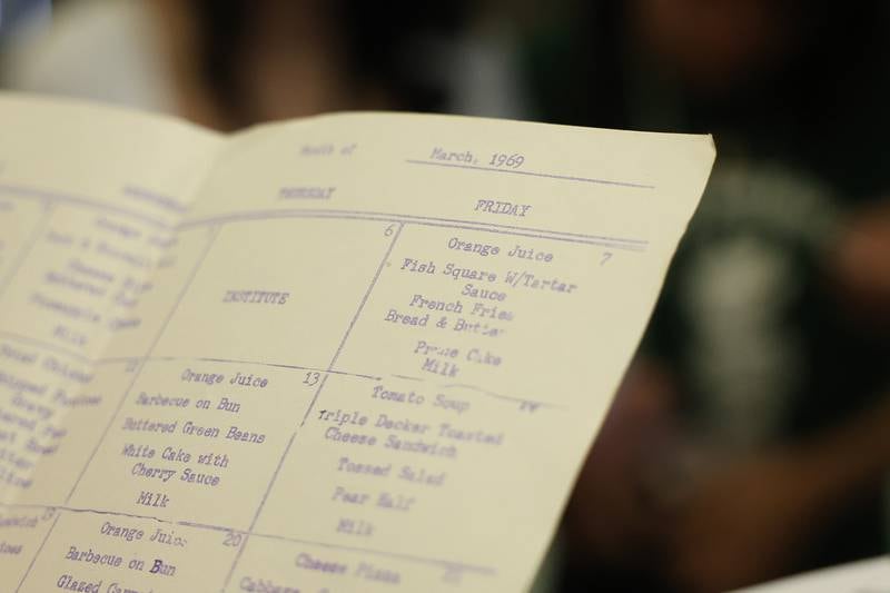 A lunch menu from March, 1969 was found in a time capsule at Grompers Junior High School on Wednesday, May 1, 2026 in Joliet. In 1969 students placed items in a time capsule and sealed it inside a wall when an extension was built at Grompers Junior High School.