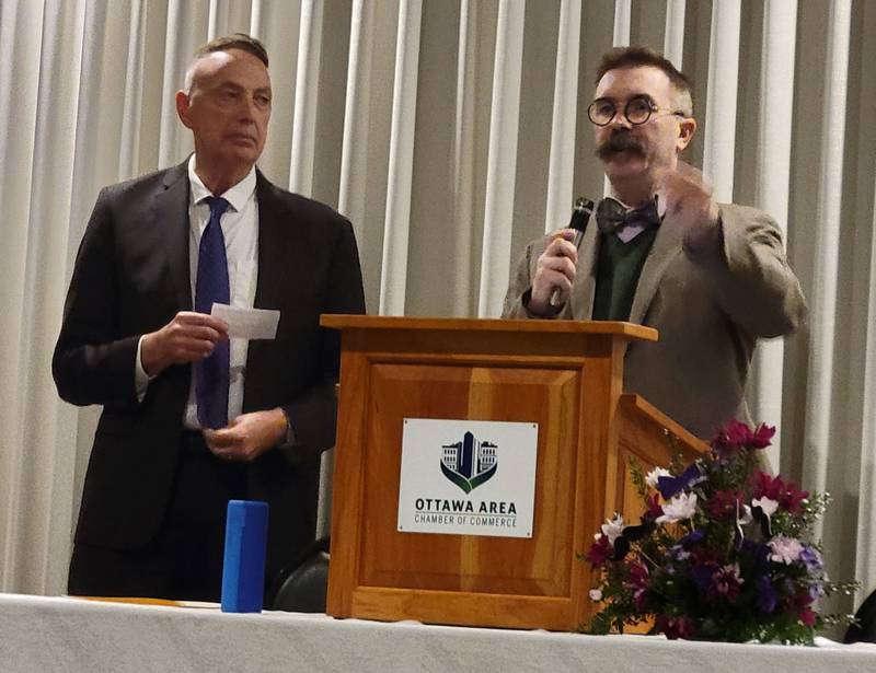 Ottawa Mayor Robb Hasty (right) answers a question from the audience, posed to him by Ottawa Area Chamber of Commerce Executive Director Jay McCracken following Hasty's State of the City address Thursday at the Knights of Columbus Hall.