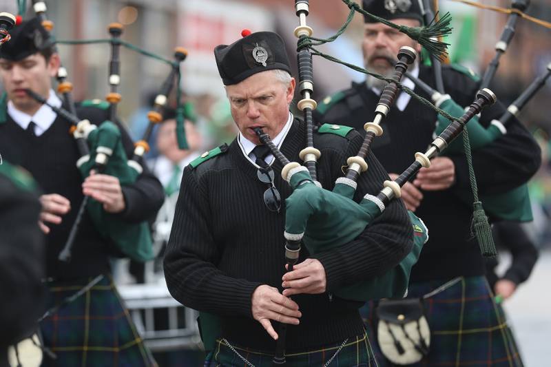 Bagpipers perform at the annual Plainfield Hometown Irish Parade on Sunday, March 15, 2026 in Plainfield.