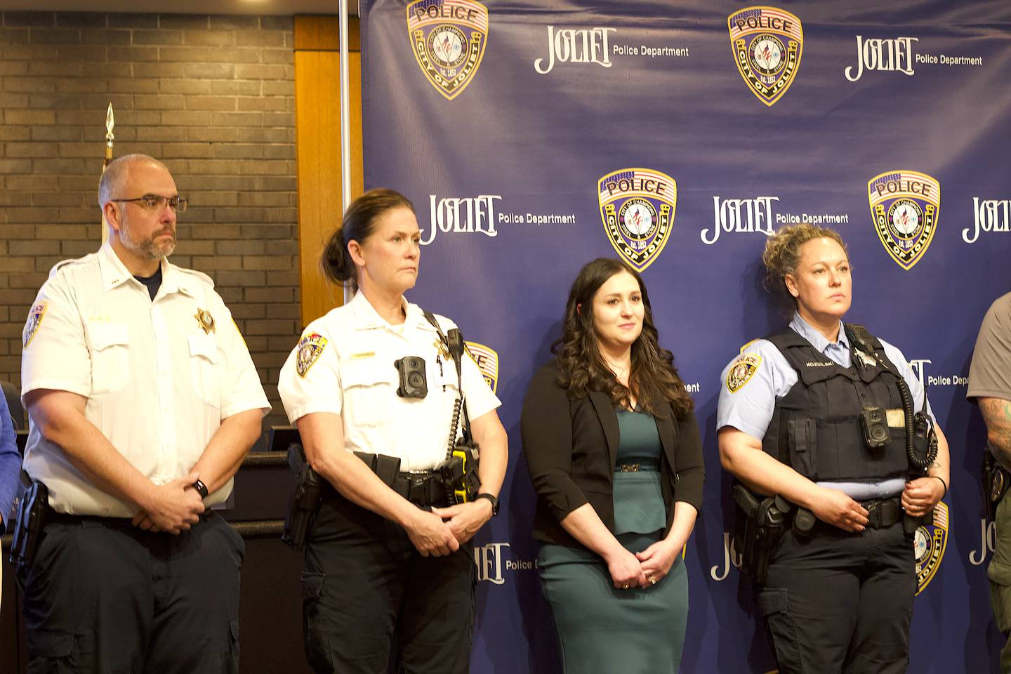 Acting Joliet Deputy Police Chief Erik Payne (left), Joliet Police Lt. Julie Larson, Will County Assistant State’s Attorney Courtney Hogan and Joliet Police Officer Katelyn Kozielski at a news conference regarding a drug and animal cruelty investigation on Thursday, April 30, 2026, at Joliet City Hall.
