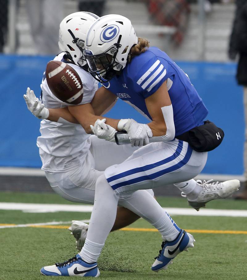 Cary-Grove's Jason Ritter Jr breaks up a pass intend for Geneva's Finnegan Weppner during an IHSA Class 6A semifinal football game on Saturday, Nov. 23, 2024, at Geneva High School.