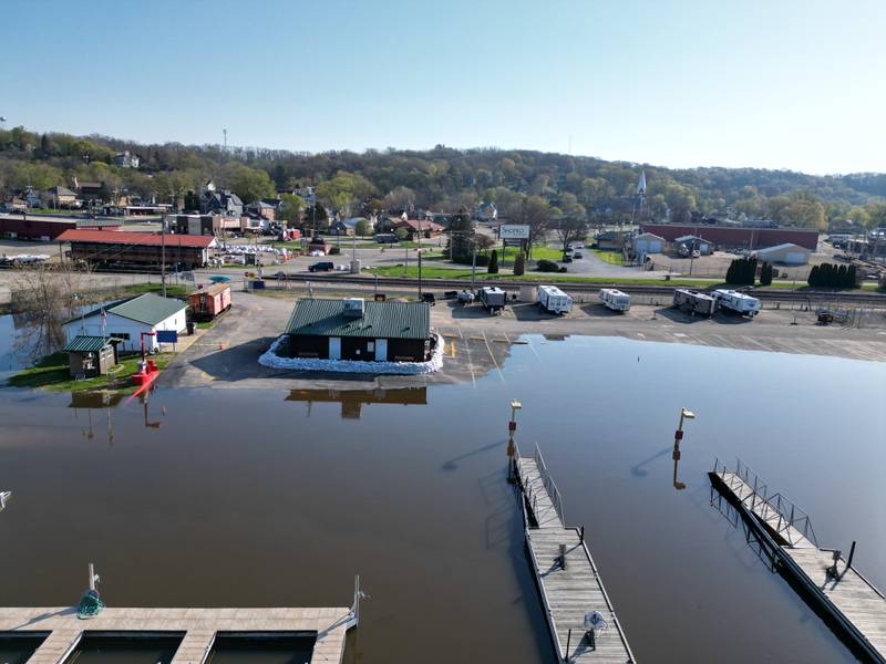 Photos using a drone taken by and provided by the Carroll County Sheriff's Office show Mississippi River at Savanna on Monday, April 24, 2023. Waters are expected to crest sometime around May 1.