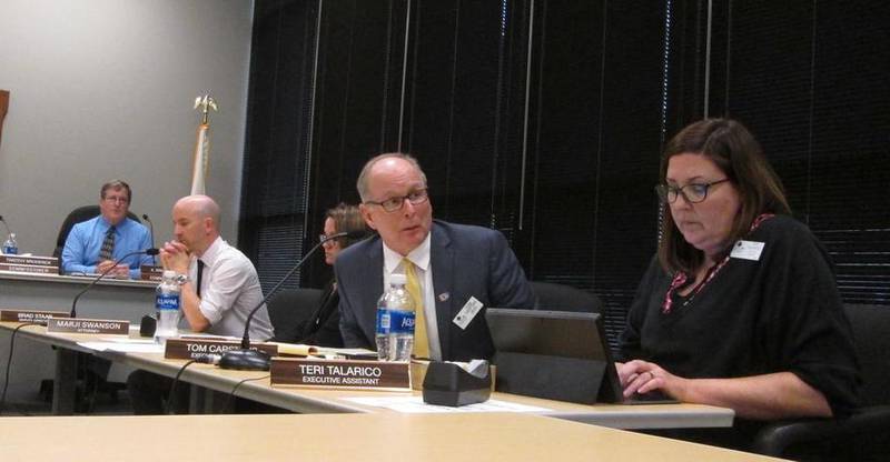 Joliet Park District Executive Director Tom Carstens talks to the park board Monday at a meeting during which the latest plans for an East Side indoor recreational facility were presented.