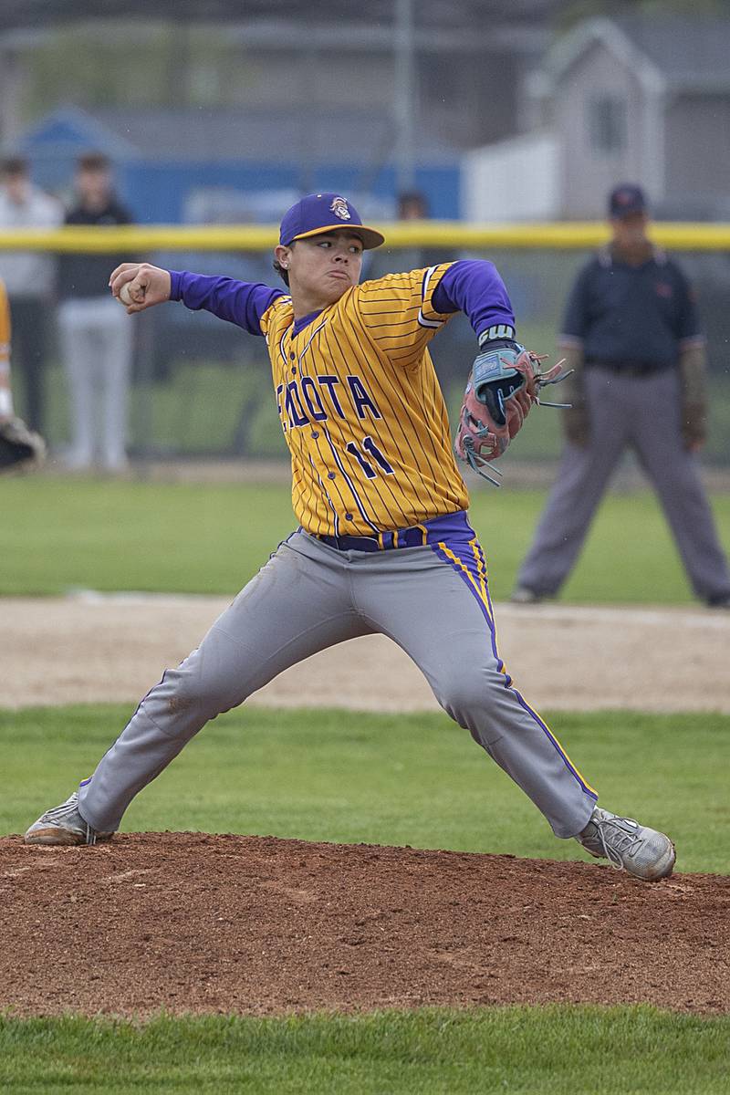 Mendota’s Esten Otero fires a pitch against Newman Thursday, April 30, 2026.
