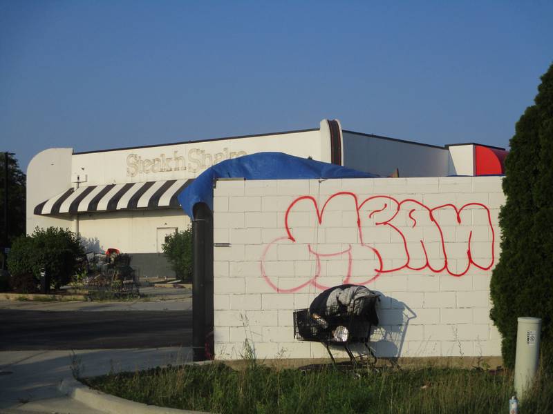 A storage ares on the back end of the closed Steak 'n Shake property at 201 S. Larkin Ave. appears to have become a hangout for homeless people. Aug. 19, 2024