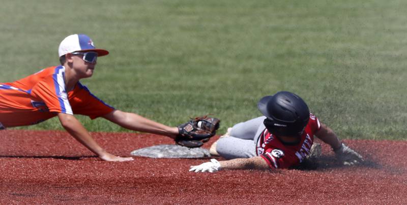 Windy City Hit Dog’s — Offdenkamp’s  Brayden Schuepbach dives to tag out the runner during a semi-final baseball game against The Barrington Broncos Red in a Under 13 McHenry County Youth Sports Association’s Summer International Championship baseball tournament on Monday, July 14, 2025, at the Mickey Sund Baseball Complex in Crystal Lake's Lippold Park.